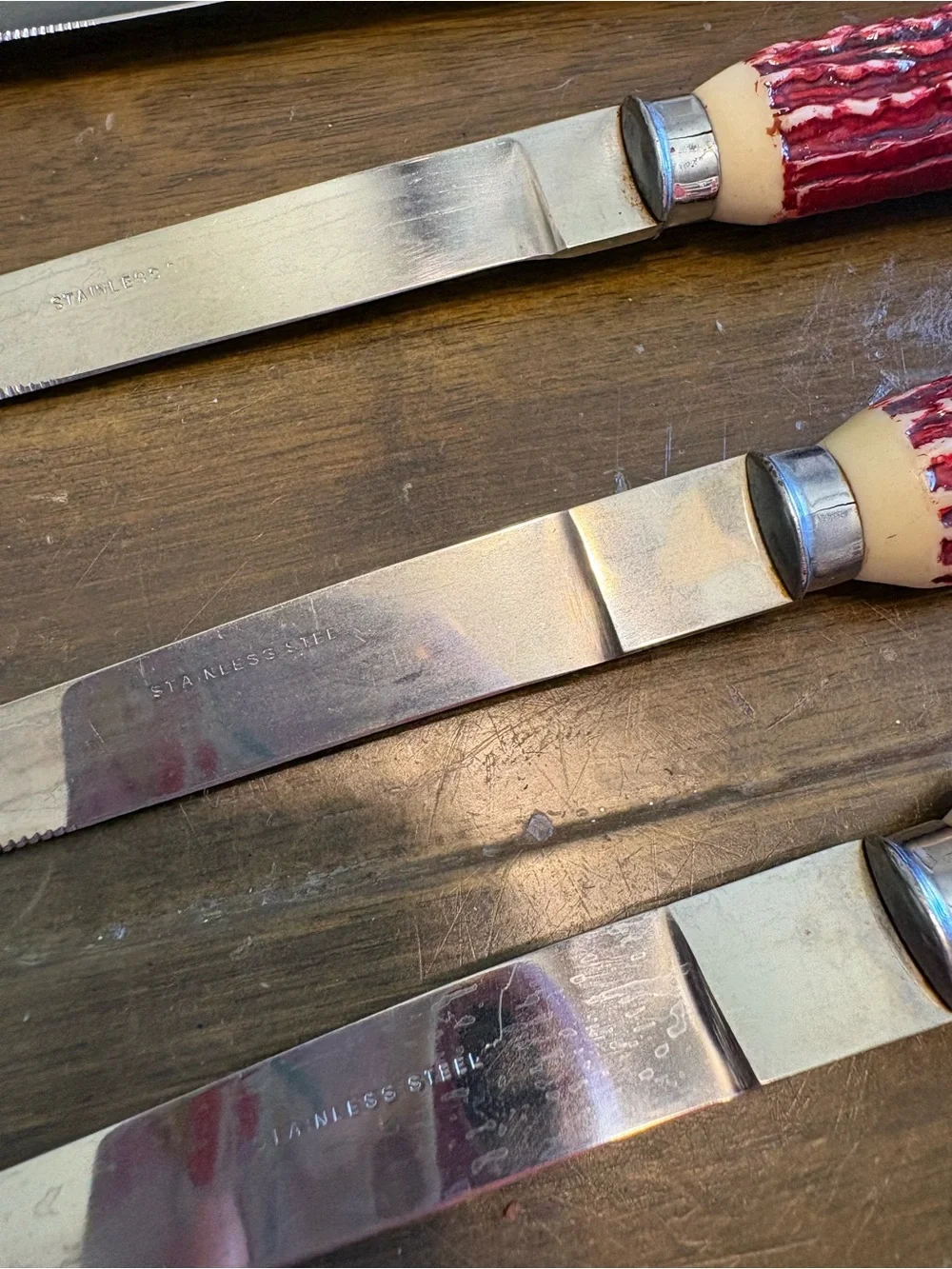 Vintage Steak Knives Japan Faux Antlers Horn Grooved Oxblood Red Stag MCM Retro